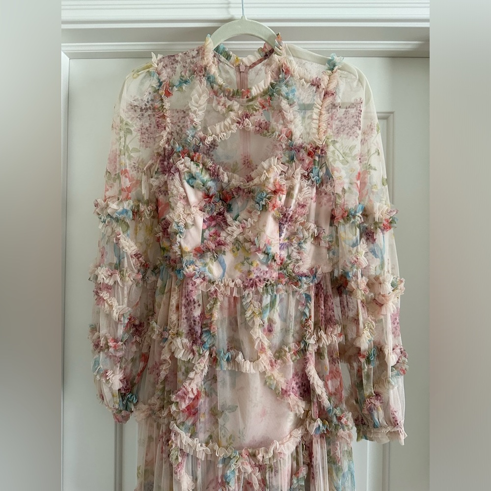 NWOT Needle & Thread Floral Diamond Ruffle Ballerina Dress